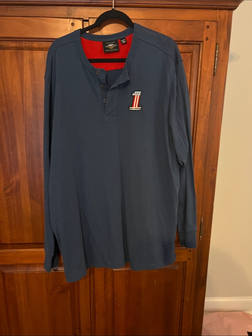 Harley-Davidson Navy Long Sleeve Henley with Red Trim and Flag Emblem